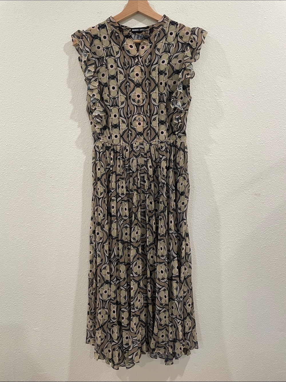 Markus Lupfer Floral Geometric Ruffle Midi Dress Green Black Business Casual XS